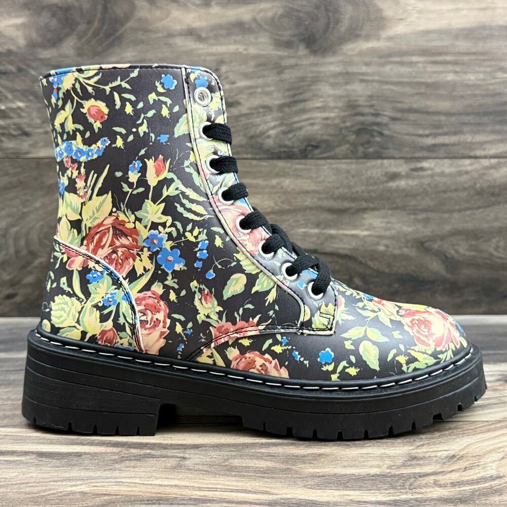 NEW Sugar Kaedy Black Vintage Floral Combat Boots Booties 7M - Picture 5 of 13